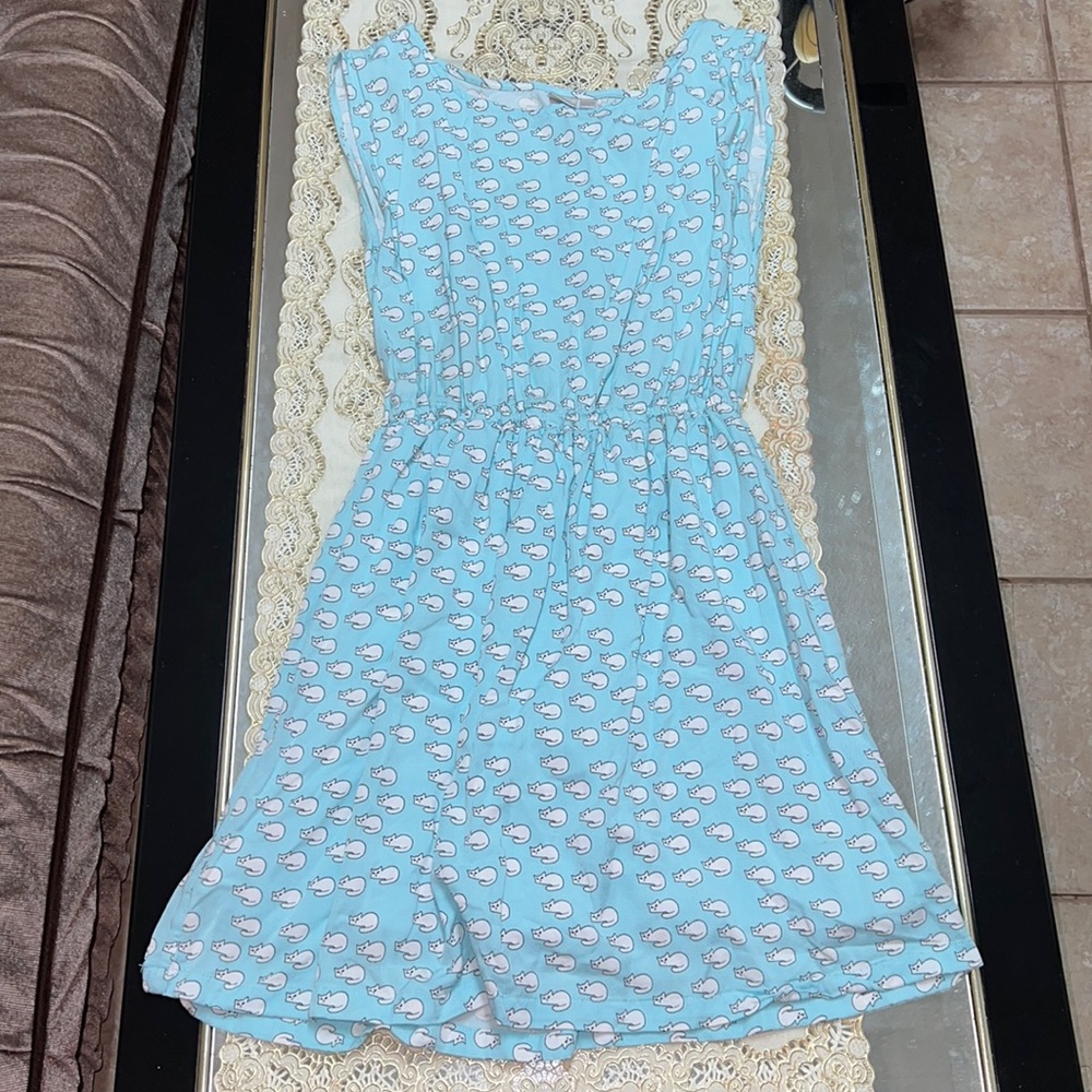 Twik light blue sleeveless mini dress with white cat print